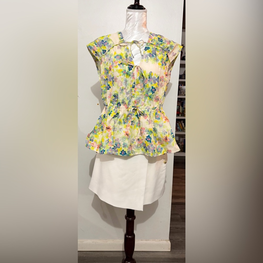10 Crosby Derek Lam Yellow Floral Peplum Tie-Front Blouse